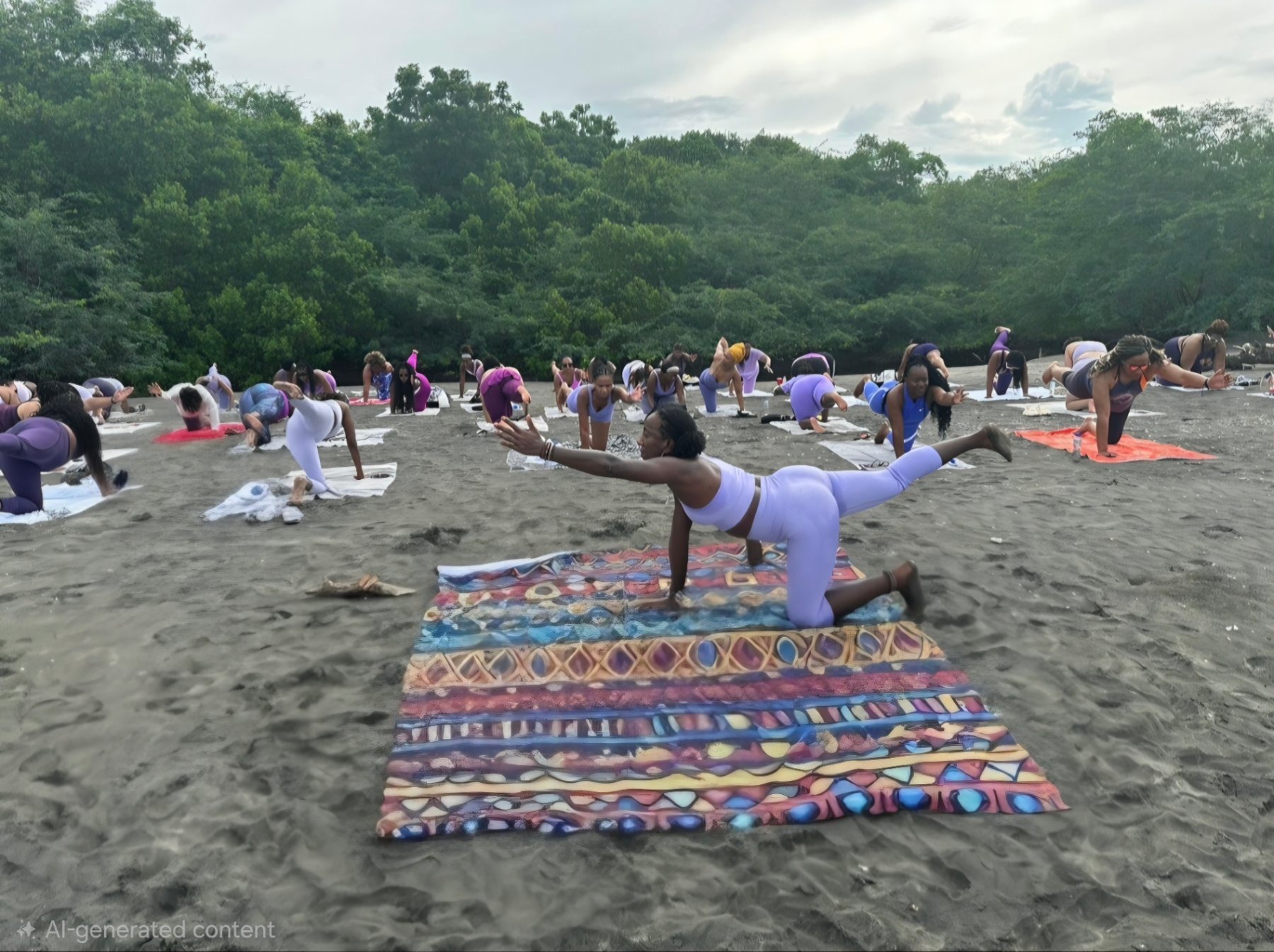 A participant in lavender holding a balancing pose on a vibrant woven blanket during a beach movement session
