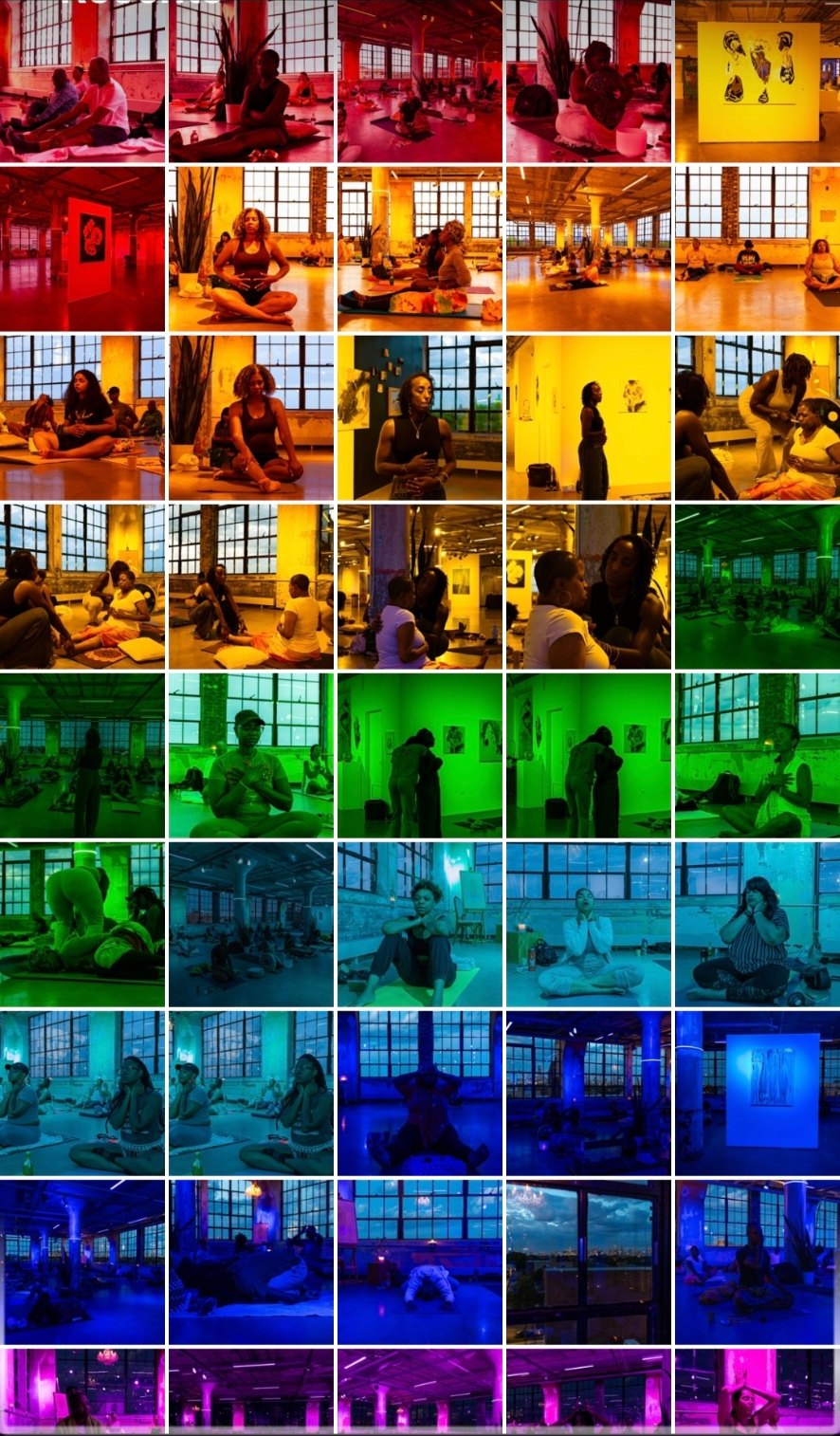 A grid of photographs from one gallery experience as the room shifts through red, orange, yellow, green, blue, indigo and violet light