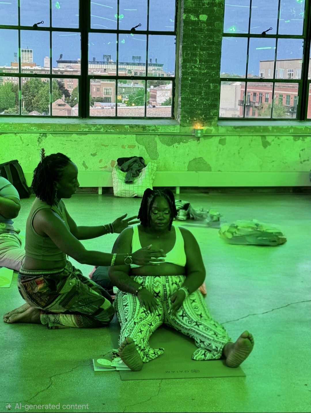 A participant seated in meditation while Andrea offers gentle guidance, the loft bathed in green heart-chakra light